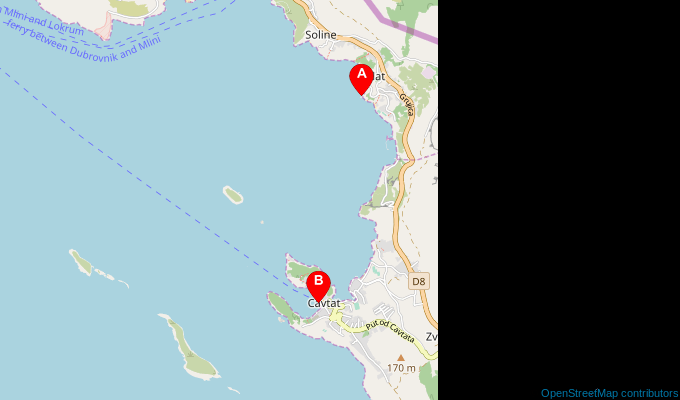 Map of ferry route between Plat and Cavtat